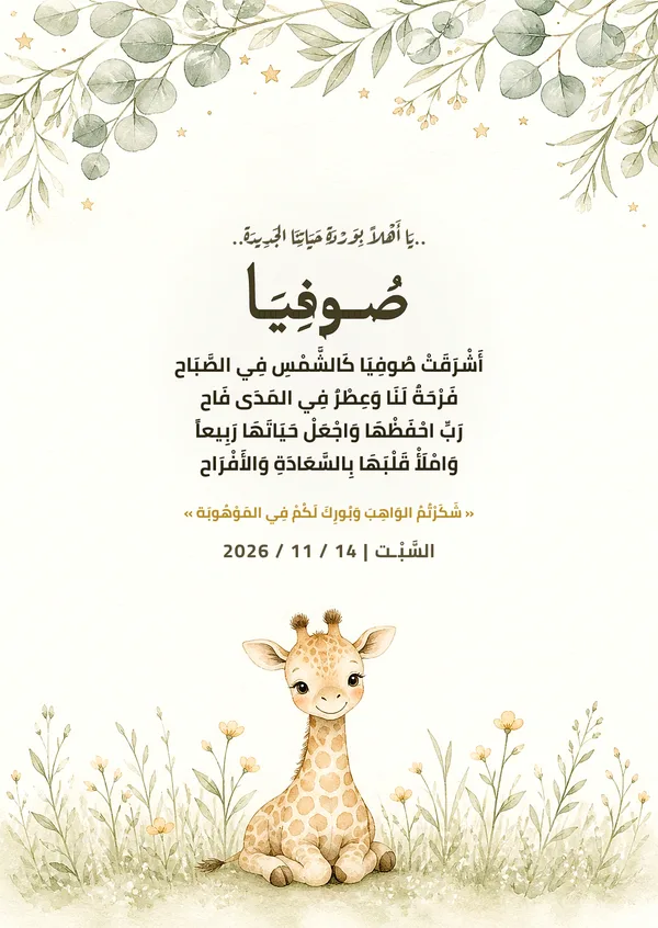 كارت زرافة الربيع وبستان الزهور